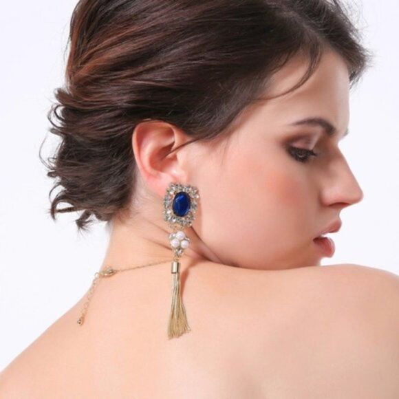 Blue Rhinestone Crystal Pearl Tassel Fringe Gold Clip On Statement Earrings - Picture 5 of 13